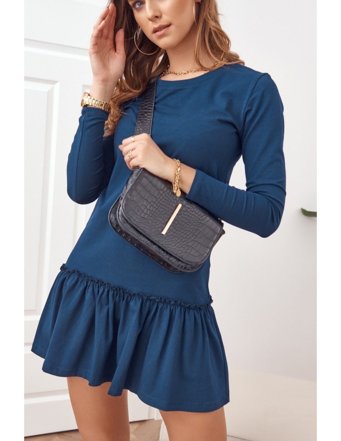 Kleid mit Rüschen und langen Ärmeln, Marineblau FK555 – Online-Shop – Boutique